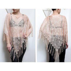 Vintage 80s Sheer Nude Poncho Floral Knit Lace, Women's Lace Shawl Boho Festival